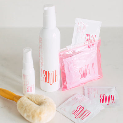 SOUTH by WAXON - Intimate care bundle, including deo-spray, cleanser, SOUTH wipes and an exfoliating brush.