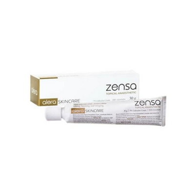 Zensa numbing cream tube and packaging, numbing cream for hair removal, both waxing and laser hair removal.