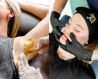 Side by side images of one WAXON guest having their armpits waxed and a Sous La Face guest receiving a buccal facial massage.