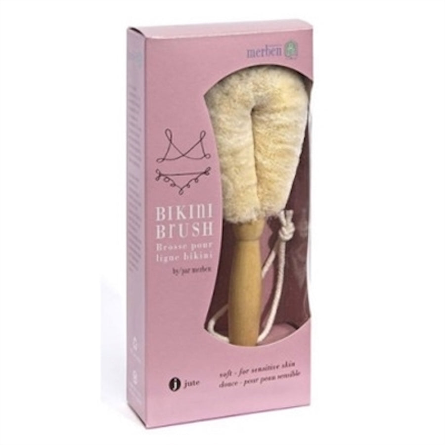 Bikini Brush by Merben, an exfoliating brush with a wooden handle