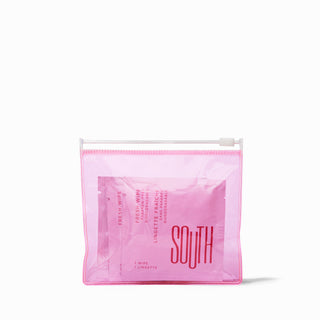 Pink zip-lock translucent pouch containing SOUTH freshen-up intimate wipes.